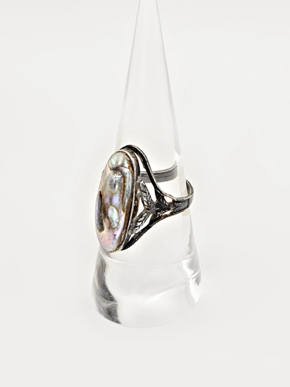 Vintage Sterling Abalone Ring Size 7 Openwork Leaf Design Iridescent Shell